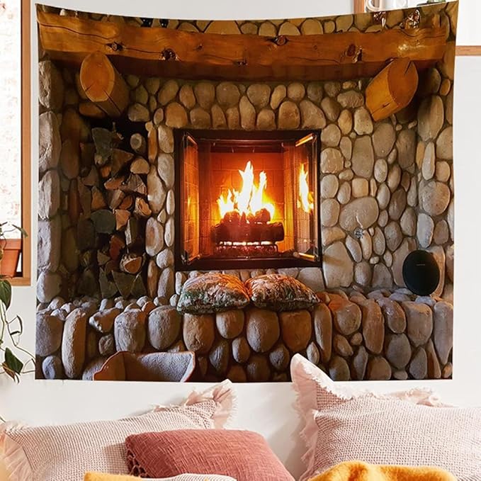 Firplace Tapestry Art Retro Stove Print Tapestry Art Wall Hanging Tapestry Room Bedspread Decor Christmas Fireplace (Firplace, 70.00" x 90.00")