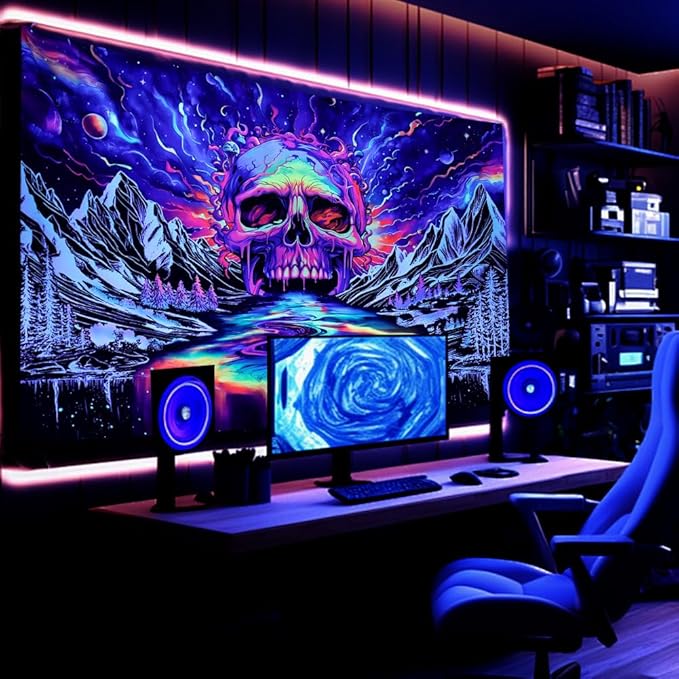 Blacklight Skull Tapestry UV Reactive Galaxy Mountain Planet Tapestries Magic Neon River Wall Hanging Aesthetic Skeleton Wall Decor Forest Trees Landscape Backdrop for Living Room