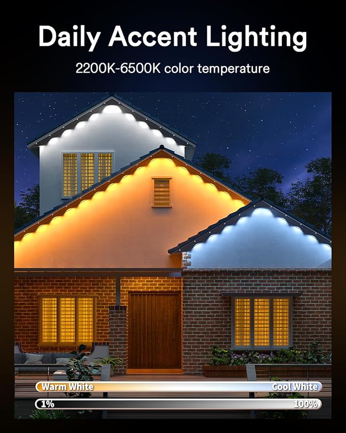 Lumary Permanent Outdoor Lights Pro 158ft for House, 120LED 50lm RGBAICW Smart Eave Lights, IP67 Waterproof, Multi Scenes for Daily and Holiday Accent Lighting Decor, Work with Alexa, Google, Remote