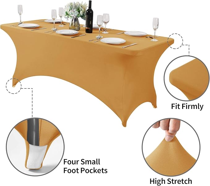 2Pack Spandex Table Cover for 6Ft or 4fT or 8ft Table Universal Fitted Stretch Tablecloth for Party, Banquet, Wedding and Events-Gold