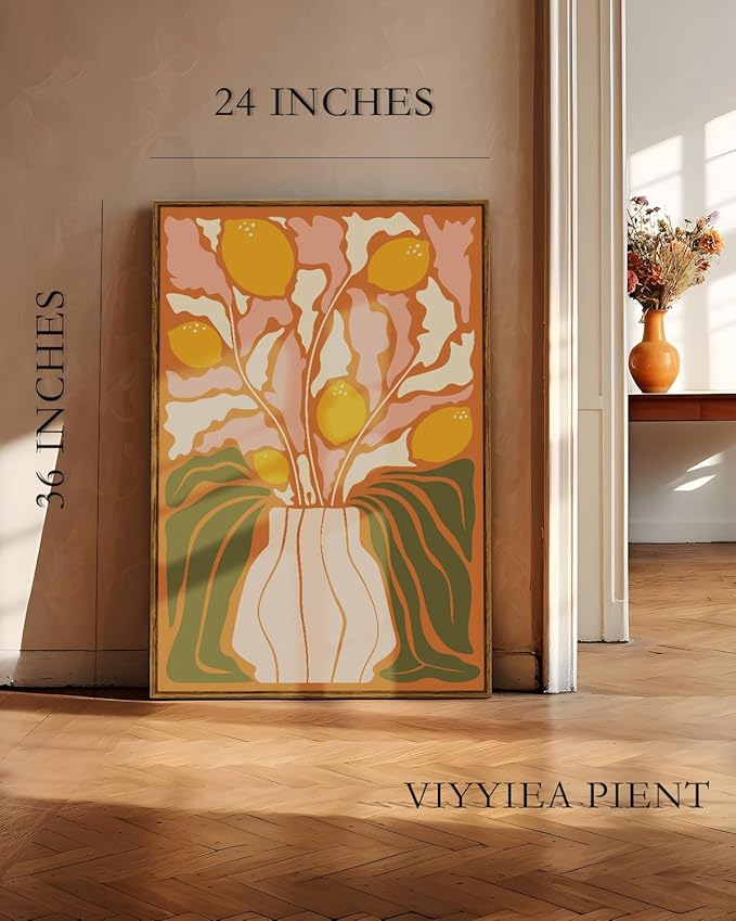 VIYYIEA Framed Canvas Wall Art, Large Flowers Wall Art for Living Room, Abstract Boho Print Paintings, Illustration Home Office Decor, Bedroom Wall Decor -【Lemon Flourish】-(24"x36")
