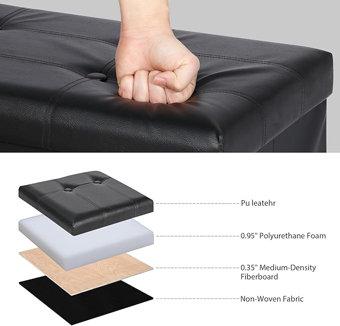 SUPER DEAL 43 Inch Folding Storage Ottoman Bench, Faux Leather Storage Chest Shoes Bench with Divider Padded Seat Couch Footrest for Bedroom Entryway, 660 lbs Capacity 43"x 15"x 15", Black