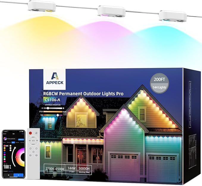 Permanent Outdoor Lights Pro 200ft, RGBCW Smart Eaves Lights with 144 LED Lights, Dual Lens, Cuttable, 111 Scene Modes, IP67 Waterproof Lighting for Holiday Decoration, Work with Alexa, White