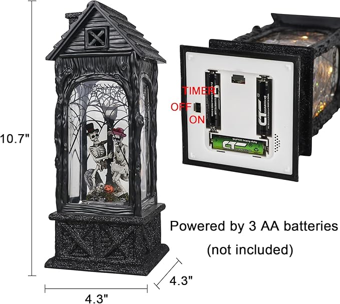 GenSwin Halloween Skeleton Snow Globe Lantern Ghost Projection Lamp with 6 Hour Timer, Battery Operated & USB Powered LED Spinning Water Glittering Globe Halloween Decoration Parties(11”, 3AA)