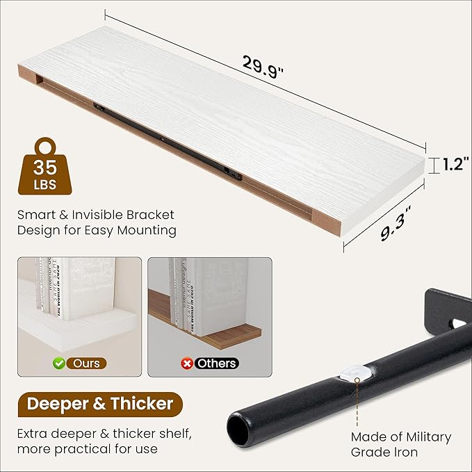 Fun Memories Floating Shelves for Wall, 30 Inch Rustic Wood Wall Mounted Shelves for Bathroom, Bedroom, Kitchen, Living Room, Deep Floating Shelves for Storage & Home Decor (White, Set of 2)