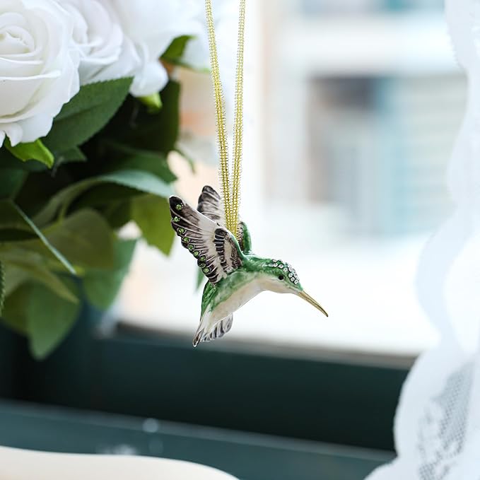 Hand Painted Enamel Hanging Hummingbird Ornament, Elegant Decorative Hanging Ornaments, Christmas Figurine Collectible Keepsake Home Decor, for Christmas Tree, Windows, Satin Ribbon (Hummingbird)