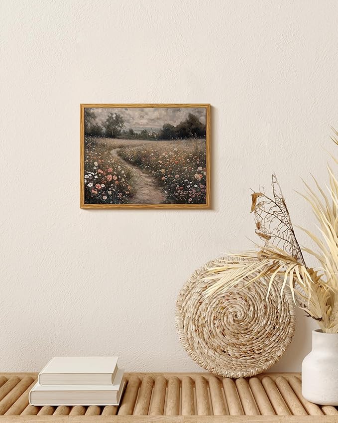 VIYYIEA Framed Canvas Wall Art Home Decor Vintage Landscape Nature Country Wildflower Paintings Farmhouse Pictures Floral Artwork Rustic Flower Prints Cottagecore Living Room Bedroom Bathroom 8x10in