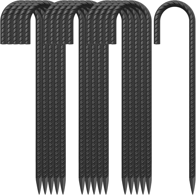 18 Inch Steel J Hook Rebar Ground Stakes 16 Pack 1/2 Inch Diameter Fence Stakes for Wire Fencing with Chisel Point End Metal Tent Stakes Heavy Duty for Outdoor Camping, Black