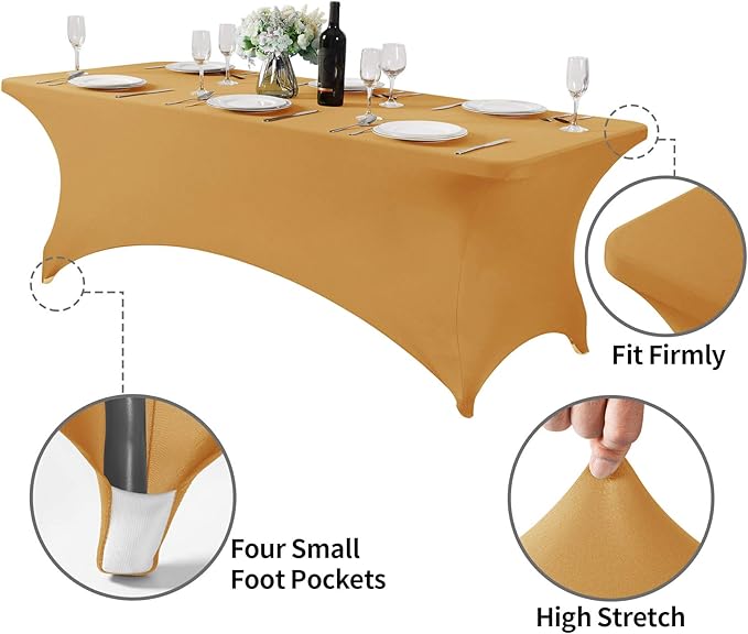 2Pack Spandex Table Cover for 8FT or 4ft or 6ft Table Universal Fitted Stretch Tablecloth for Party, Banquet, Wedding and Events-Gold