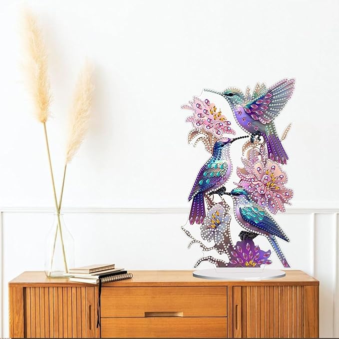 Diamond Painting Kits for Adults Beginners, 5D Full Drill Hummingbird Crystal Art Desktop Ornament, DIY Single Sided Home Office Desk Decor, Creative Craft Gift Set with Tools