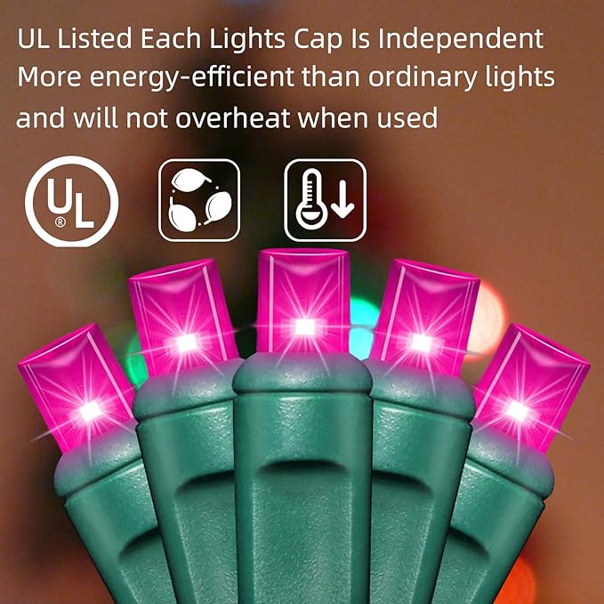 100Count (2pk of 50L) String Lights, LED Christmas Lights, 6" SPACING,Green Wire,Pink
