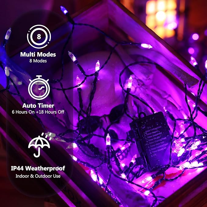 BrizLabs Purple Halloween Lights, 33ft 100 LED Halloween String Lights, 8 Modes Battery String Light with Timer, Indoor Outdoor Battery Purple Tree Light for Party Christmas Tree Bedroom Patio Decor