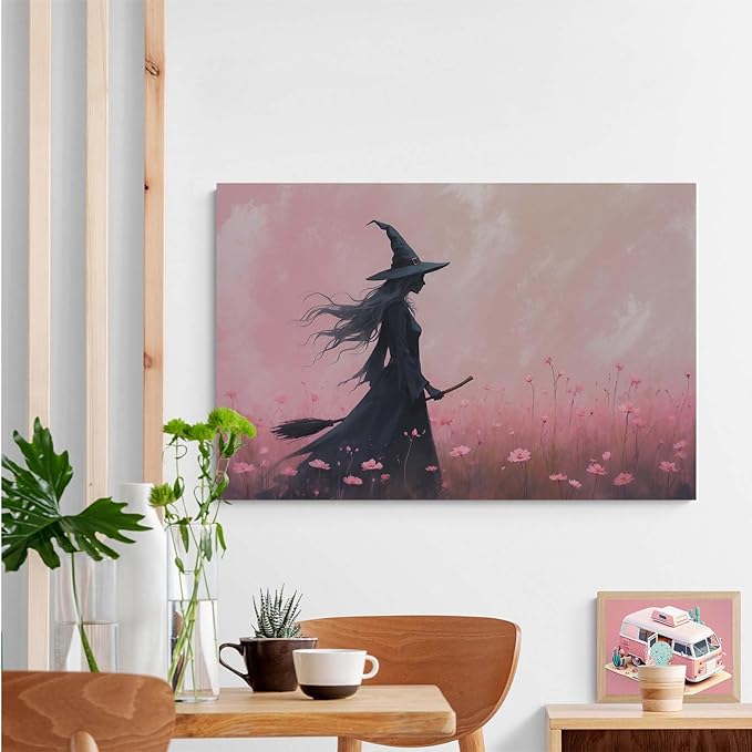 JFHCQJPK Witch in the pink sea of flowers Halloween prints weird flowers wall art silhouette painting fashionable romantic decoration suitable for bedroom32x48in Frameless