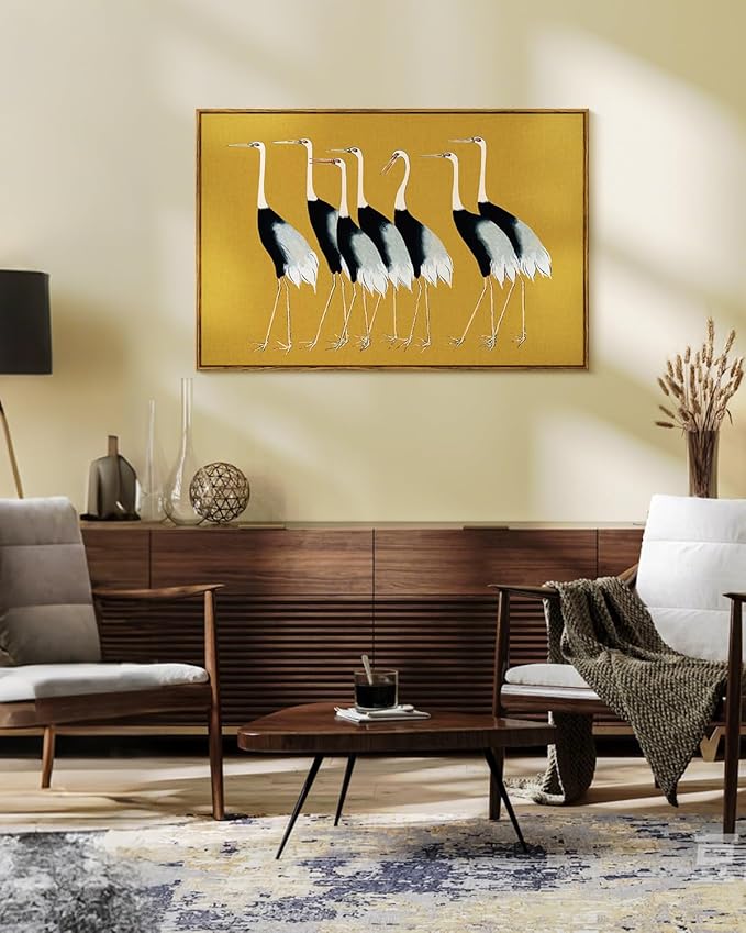 VIYYIEA Framed Wall Art Decor for Living Room Seven Cranes Art Wall Decorations Canvas Prints Vintage Painting Pictures Rustic Bathroom Decor Farmhouse Artwork for Bedroom Kitchen Office - 36L x 24W