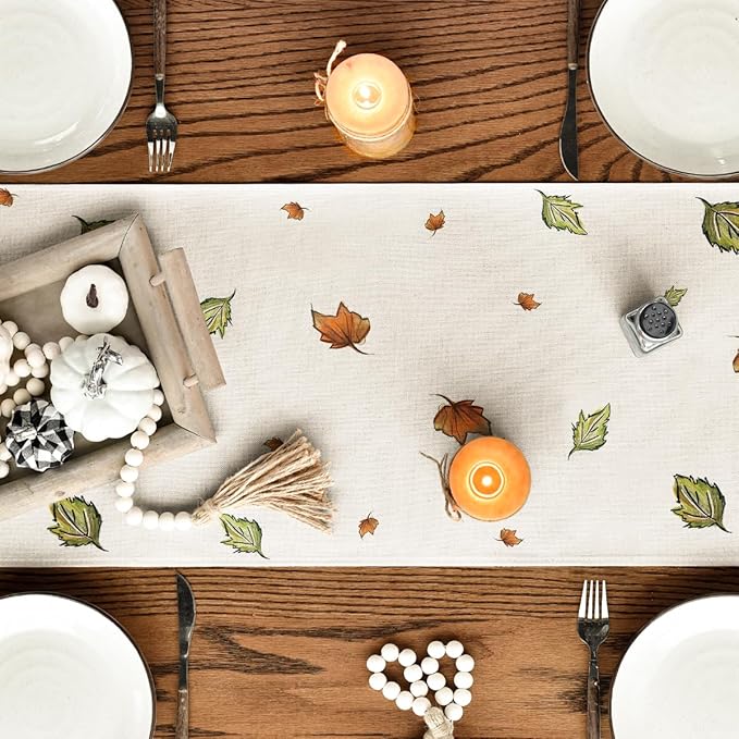 Artoid Mode Pumpkins Bowknot Maple Leaf 210 GSM Fall Table Runner, Seasonal Autumn Kitchen Dining Table Decoration for Home Party Decor 13x36 Inch