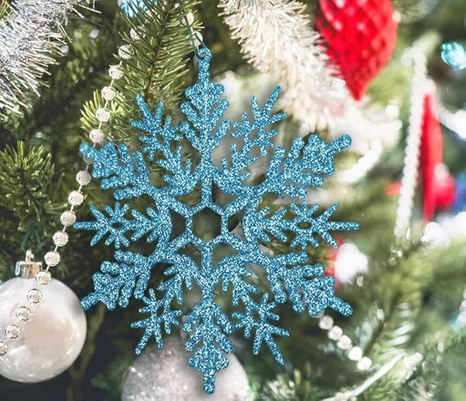 6pcs Large Snowflakes Ornaments Blue 12” Big Plastic Glitter Snowflake for Winter Indoor Outdoor Christmas Tree Window Room Decorations Giant Craft Snowflakes