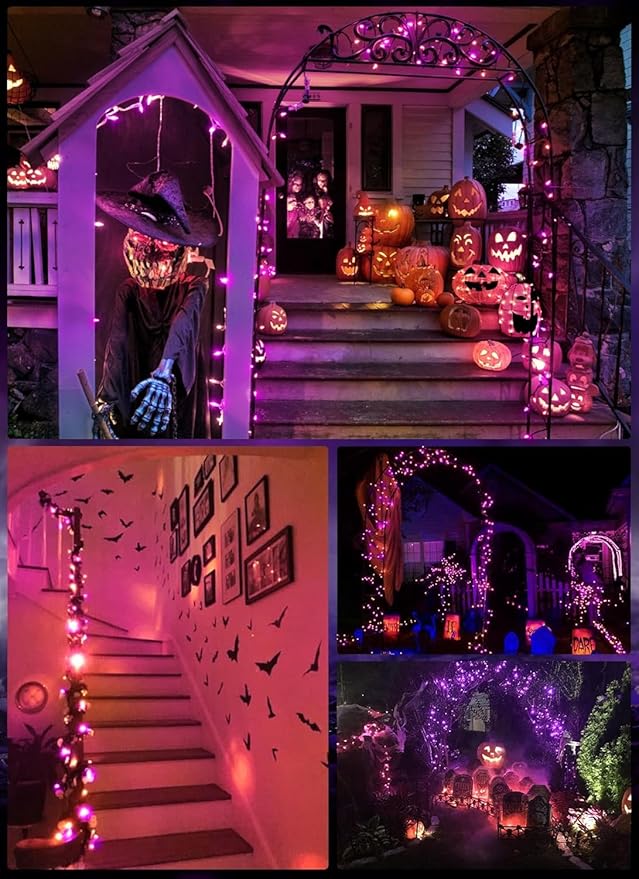 Battery Operated Halloween Indoor String Lights, 8 ft 20 LED Orange and Purple Mini Tree Lights with Timer, Indoor Outdoor Patio Garland Window Decor for Party Christmas Halloween Decorations