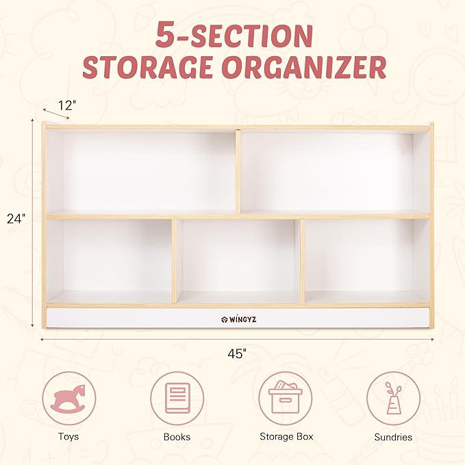 Toy Storage Organizer for Kids, 5-Compartment Wooden Storage Cabinet, Children Bookcase and Montessori Bookshelf, Book Shelf for Kids Room, Playroom, Living Room, Nursery, Classroom 24'' H(White)