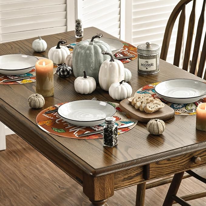Artoid Mode Turkey Give Thanks Thanksgiving Placemats Set of 4, 15 Inch Seasonal Autumn Round Table Mats for Dining Decoration