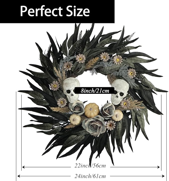 24" Snakeskin Leaves Halloween Wreaths for Front Door with Skulls Flowers and Pumpkins - Gothic Party Black Halloween Porch Wall Door Decor