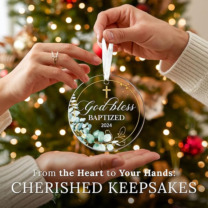 HEXMOZ Baptism Gifts - Christening Gifts for Boys Girls Kids Adults Men Women - Baby Boy, Girl Catholic Baptism Gift for Godson, Goddaughter - Cross God Bless Baptized Acrylic Christmas Ornament 2024