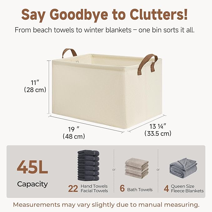 StorageWorks Storage Bins, Shelves Baskets for Organizing, 45L Extra Large Fabric Closet Organizers with Handles, Metal Frame, Beige(Texture), 2-Pack