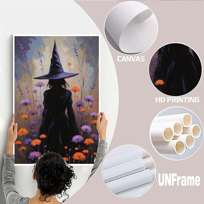 JFHCQJPK Country wildflower witch canvas print halloween mashup art witch purple decoration bohemian elegant art poster32x48in Frameless
