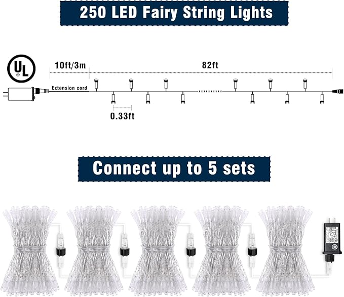 250 LED Blue Green Christmas Lights Outdoor Waterproof, 82ft Clear Wire Christmas Tree Lights 8 Modes Plug in Twinkle Fairy Lights for Indoor Christmas Bedroom Tree Decoration