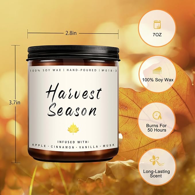Fall Candle - Harvest Season Scented Candle, Fall Soy Candles for Home Decor, 7 oz Natural Soy Wax โ Long-Lasting Autumn Candles, Aromatherapy Gift for Women & Thanksgiving, 7oz