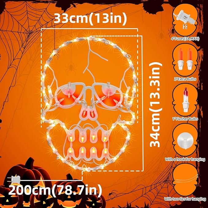 13.3" Lighted Skull Halloween Window Silhouette Decoration,Halloween Lighted Window Decoration,Hanging Light Up Holiday Ornament (Skull Light)
