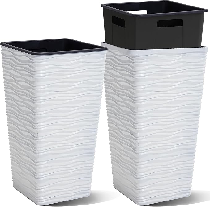 Worth Garden 2-Pack 22" H. White Square Tapered Planter with Inside Pots - Plastic Plant Pots for Indoor Outdoor - Modern Wavy Finish Decorative Flower Pots for Front Porch Containers Patio Deck