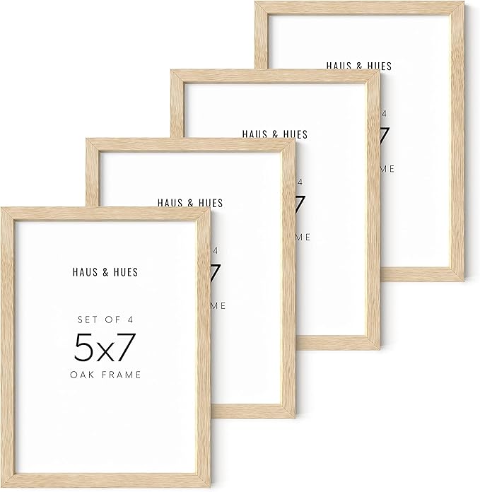 HAUS AND HUES Natural Wood Frames 5x7 Set of 4 - Bulk Photo Frames with Beige Oak Finish