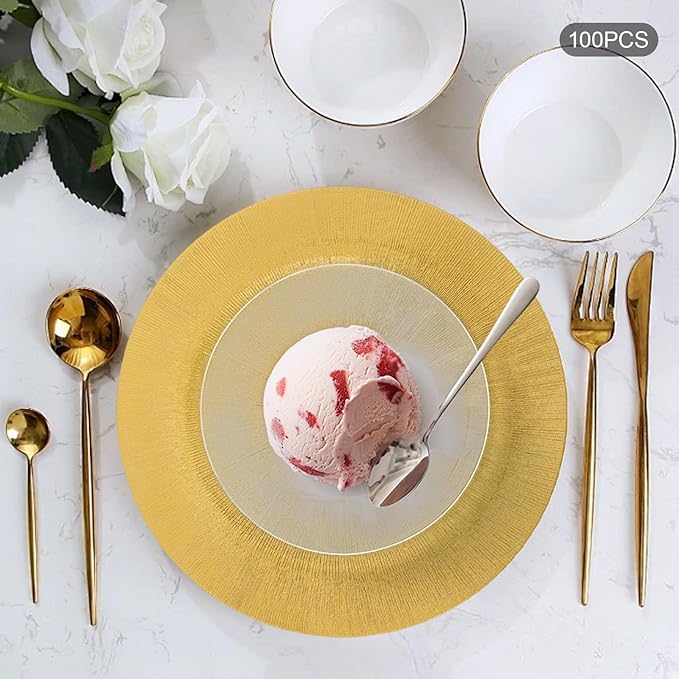 Antique Charger Plates Set 13'' Round Embossed Dinner Plate Chargers Plastic Elegant Floral Plates for Dinner Wedding Party Event Table Kitchen Decoration 100PCS (Customized Gold 100Pcs)