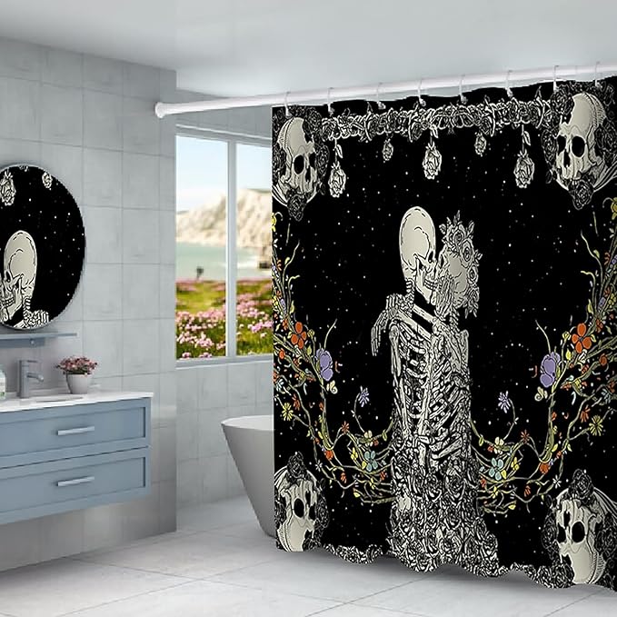 NEWSUYAA Halloween Decorations Shower Curtain Set with Non-Slip Rugs and Bath Mats, 4 Pcs Skull Black and White Skeleton Couple with Floral Bath Decor Toilet Cover Hooks Bathroom Accessory