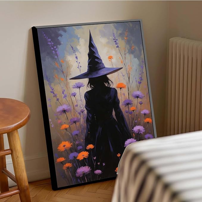 JFHCQJPK Country wildflower witch canvas print halloween mashup art witch purple decoration bohemian elegant art poster16x24in Metal blackFramed