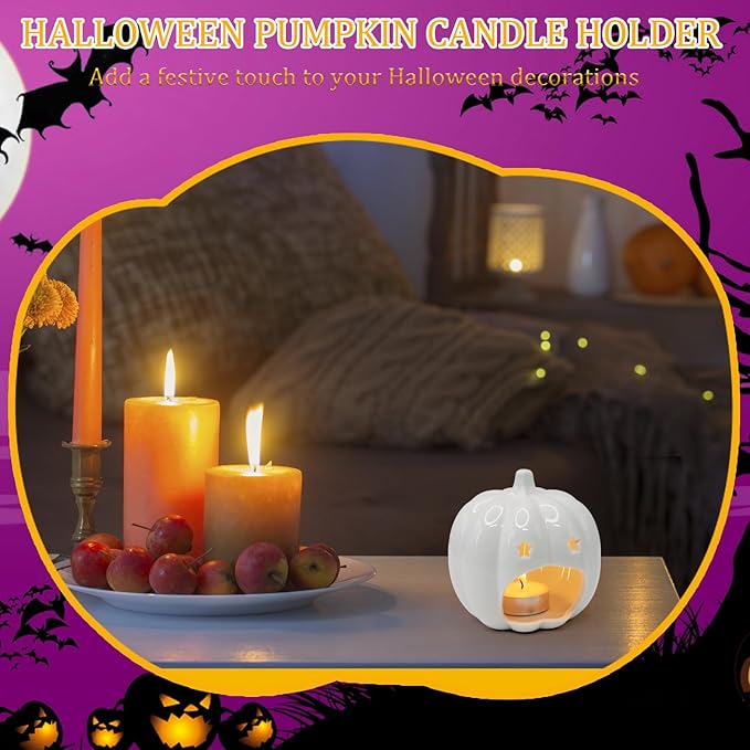 Ceramic White Pumpkin Candle Holder, Halloween Decor Candlestick Holder with Star Hole for Halloween Party, On a Desk at Work, Home Decoration, Daughter Girlfriend Mother Gift