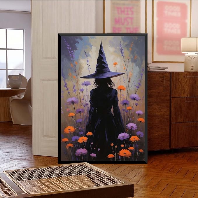JFHCQJPK Country wildflower witch canvas print halloween mashup art witch purple decoration bohemian elegant art poster24x36in Metal blackFramed