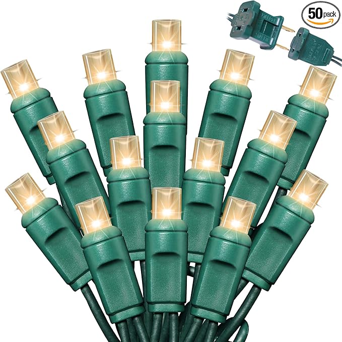 50Count String Lights, LED Christmas Lights, 6" SPACING,100% Quickly Twinkle,Green Wire,Warm White,Commercial Grade