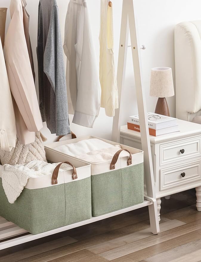 StorageWorks Storage Bins, Fabric Storage Bins for Shelves, Extra Large Storage Baskets with Metal Frame, Closet Baskets and Bins with Handles, Jumbo, Green and White, 2-Pack