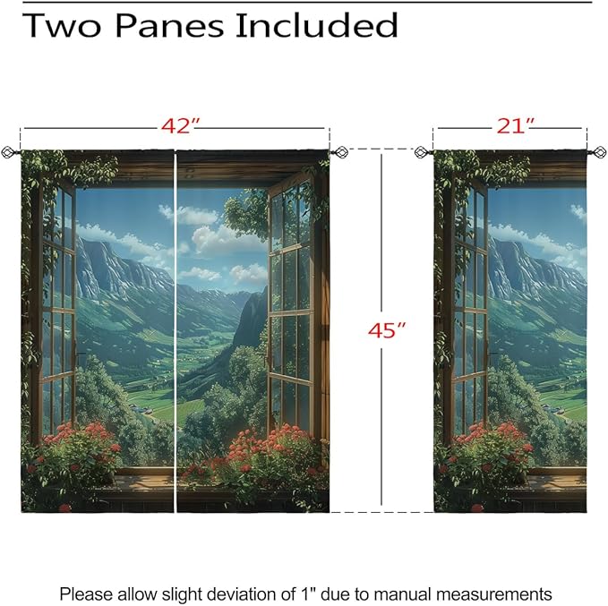 Mountain Blackout Curtains for Girls Boys Teens Home Decor, Spring Sky View Nature Forest Flower Grommet Thermal Insulated Drapes Darkening Window Curtain for Bedroom Living Room, 42 x 45 Inch