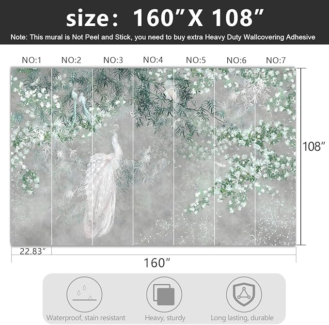 '-Green Leaf Botanical Peacock Fabric Wallpaper Wallpaper Living Room Bedroom Bathroom Grey Plant Large Wall Mural- 160"x108"( not Peel and Stick)