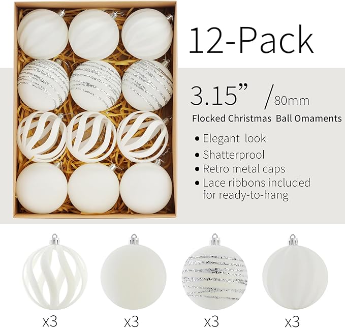 Christmas Ornaments Set of 12, 3.15" Flocked Velvet Balls with Hand Painted Designs, White Elegant Christmas Tree Decorations in Gift Box