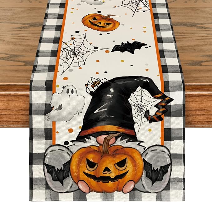 Artoid Mode Buffalo Plaid Gnome Bat Pumpkin Ghost Halloween Table Runner, Sensonal Kitchen Dining Table Decor for Home Party 13 x 72 Inch