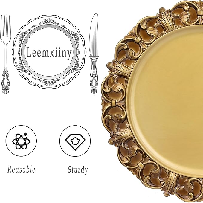 Gold Charger Plates Set of 6, Decorative Table Plastic Chargers for Dinner Plates, Party, Wedding, Thanksgiving, Christmas, 11G