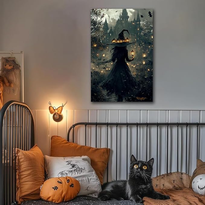 Halloween Witch and Haunted House Canvas Wall Art,Dark Academia Scary Witch Castle Posters Prints,Thriller Horror Gothic Wall Decor Pictures for Halloween Party House Decoration,24"x36" Framed