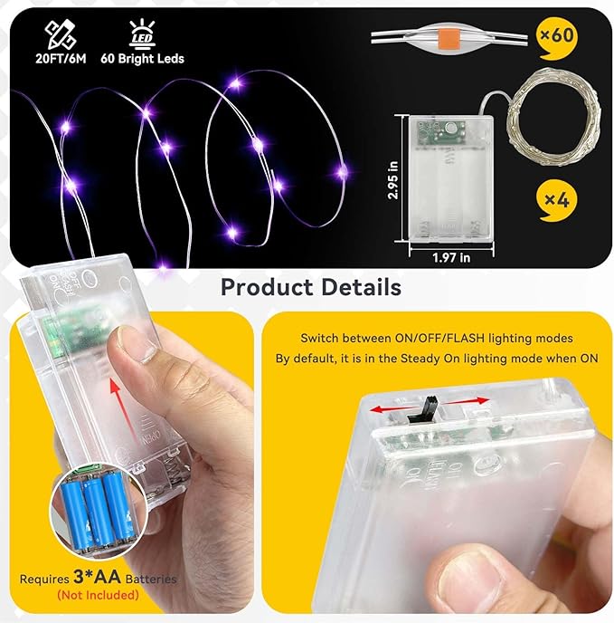 4 Pack 60LED Halloween Fairy Lights Battery Operated - 20FT Twinkle Lights with 2 Lighting Modes Indoor Outdoor, Waterproof Led Fairy String Lights for Christmas, Bedroom, Dorm, DIY Decor, Purple