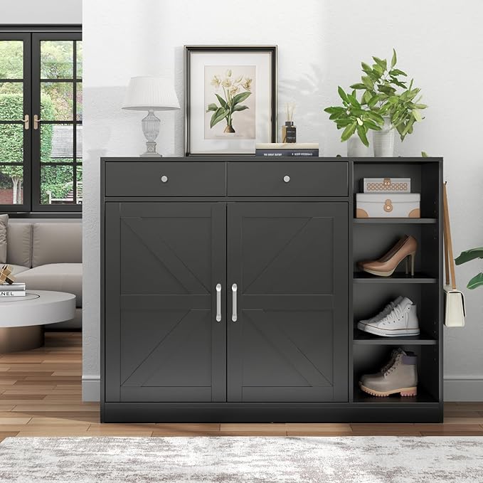 Loomie 5-Tier Shoe Cabinet with 4 Side Cubbies, Farmhouse Shoe Rack Cabinet with 6 Adjustable Shelves & 2 Drawers, Freestanding Shoe Storage Cabinet with 4 Brackets & 2 Hooks for Entryway (Black)