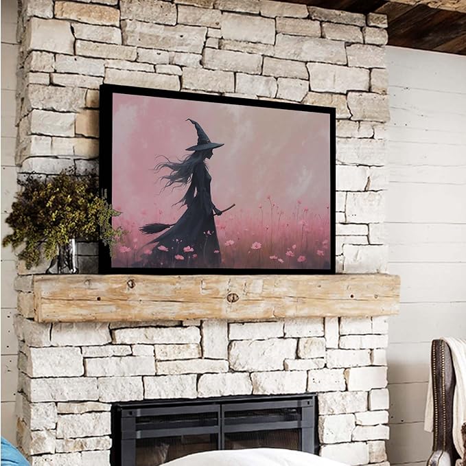 JFHCQJPK Witch in the pink sea of flowers Halloween prints weird flowers wall art silhouette painting fashionable romantic decoration suitable for bedroom16x24in Metal blackFramed