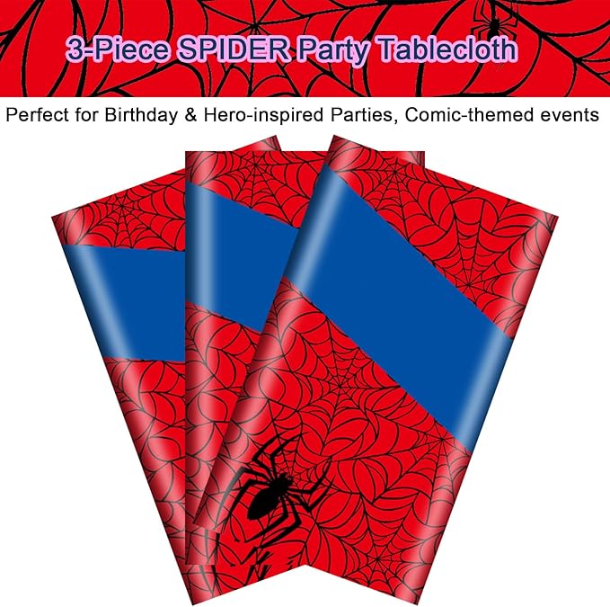 3-Pack Spider Theme Tablecloths - 54x108 Inch Disposable Plastic Table Covers for Birthday & Halloween Parties, Red & Blue Web Design Decorations for Little Ones, Adults, Indoor/Outdoor Event