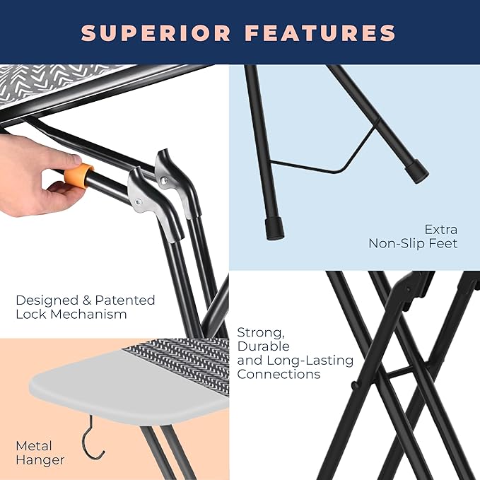 Happhom Ironing Board, Compact and Space Saver Iron Board, Safety Ironing with Park Zone and 4 Layers Extra Thick Cover, Patented Lock System for Foldable Leg, Easy Storage with Smart Hanger (13x43)